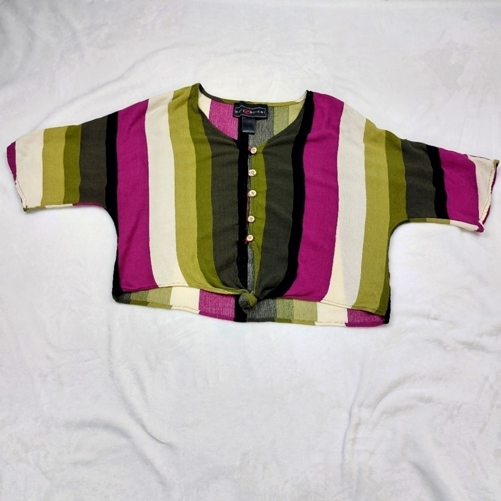 POLLY & ESTHER WOMEN'S MULTICOLORED STRIPED BUTTON FRONT TIE CROPPED TOP SIZE M